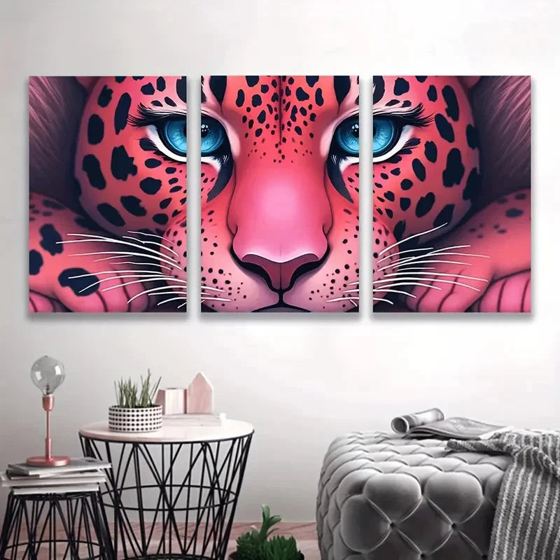 3pcs Blue Eyes & Pinkish Pink Leopard Print Wall Art Set Canvas Framed 50x70cm - High Quality Print 100% Australian Made Wall Canvas Ready to Hang - Bella Home Decor