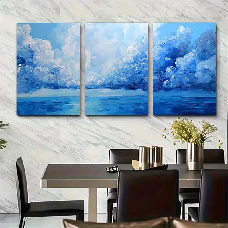 3pcs Blue Seascape Abstract Metal Print Ready to Hang Art