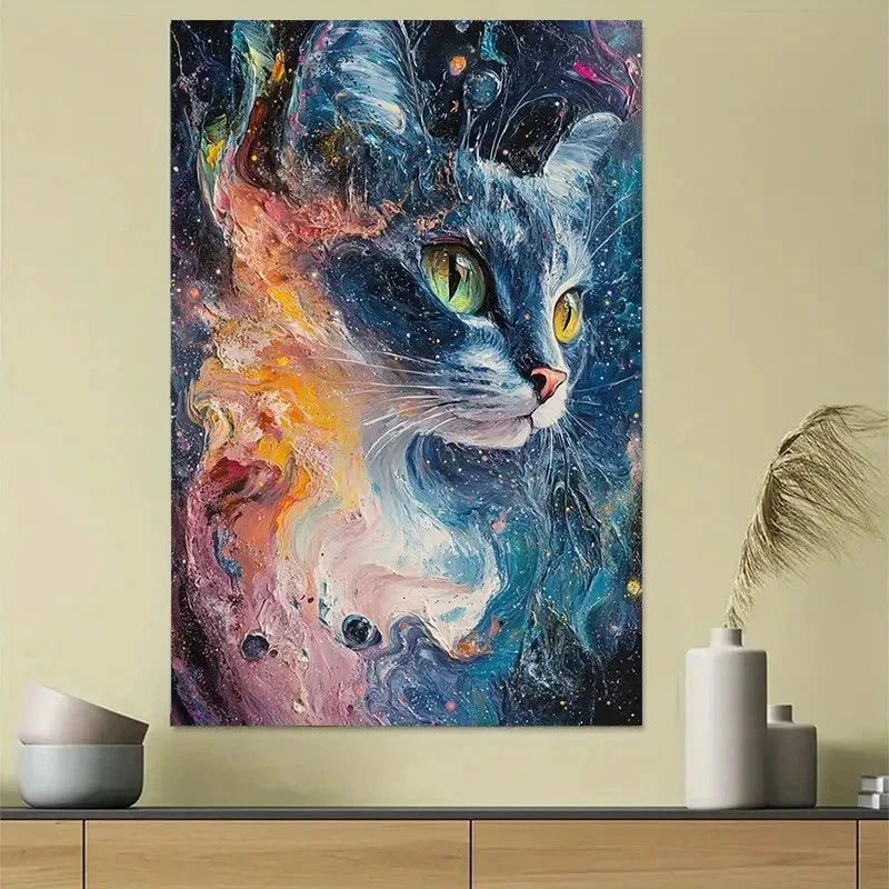 Cosmic Cat Starry Sky Watercolor Abstract Art 40x60cm Metal Print Ready to Hang