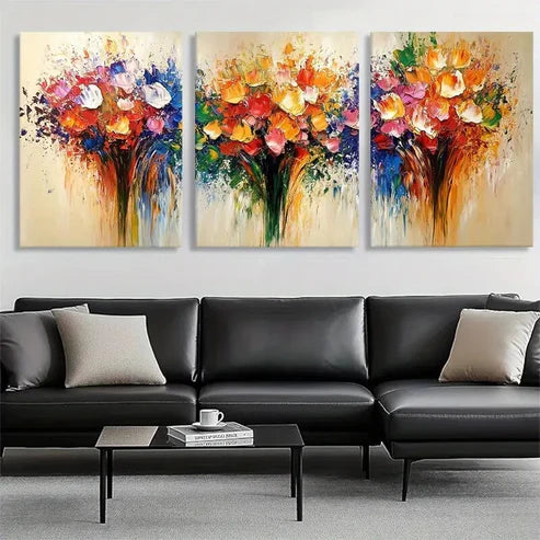 3pcs Vibrant Flower Bouquet Modern Perfect Wall Art Set Canvas Unframed - High Quality Print 100% Australian Made Wall Canvas