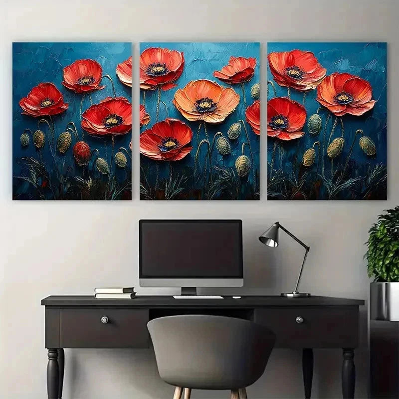 3pcs Red Poppies Impasto Oil Painting Perfect Wall Art Set Canvas Framed 50x70cm - High Quality Print 100% Australian Made Wall Canvas Ready to Hang
