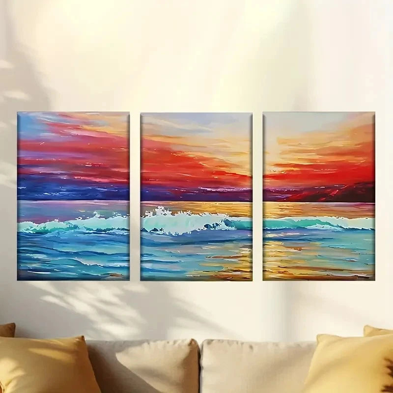 3pcs a painting of a sunset over the ocean Wall Art Set Canvas Framed 40x60cm - High Quality Print 100% Australian Made Wall Canvas Ready to Hang - Bella Home Decor