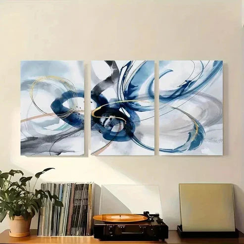 3pcs Modern Abstract Blue Golden Brush Wall Art Set Canvas Unframed - High Quality Print 100% Australian Made Wall Canvas