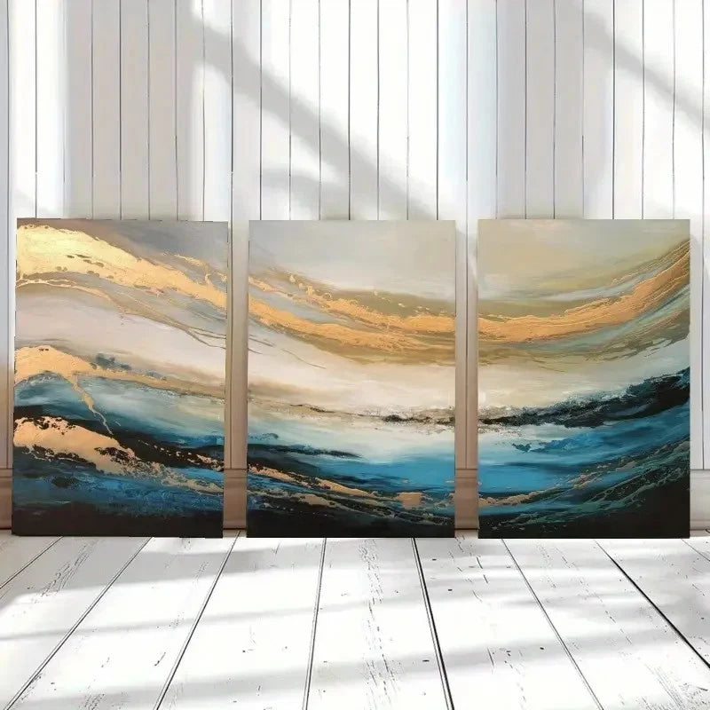 3pcs Abstract Land Blue ,Gold Artwork Wall Art Set Canvas Framed 60x90cm - High Quality Print 100% Australian Made Wall Canvas Ready to Hang - Bella Home Decor