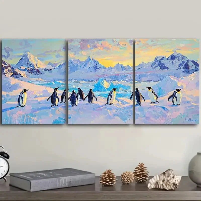 3pcs Arctic ice shelf penguins art I Wall Art Set Canvas Framed 40x60cm - High Quality Print 100% Australian Made Wall Canvas Ready to Hang - Bella Home Decor