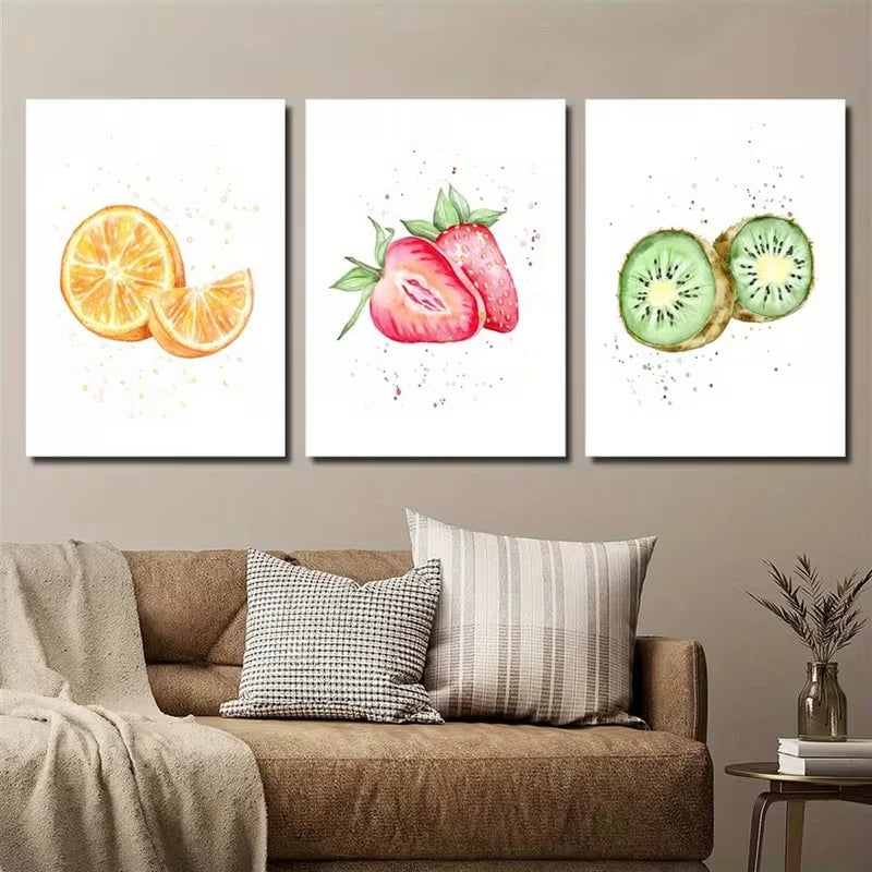3pcs Kiwi, Strawberry & Orange Metal Print Ready to Hang Art