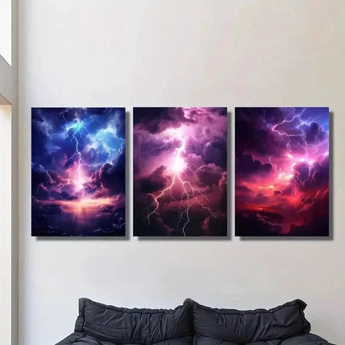 3pcs Abstract Purple and Blue Lightning Clouds Wall Art Canvas Unframed - High Quality Print 100% Australian Made Wall Canvas - Bella Home Decor