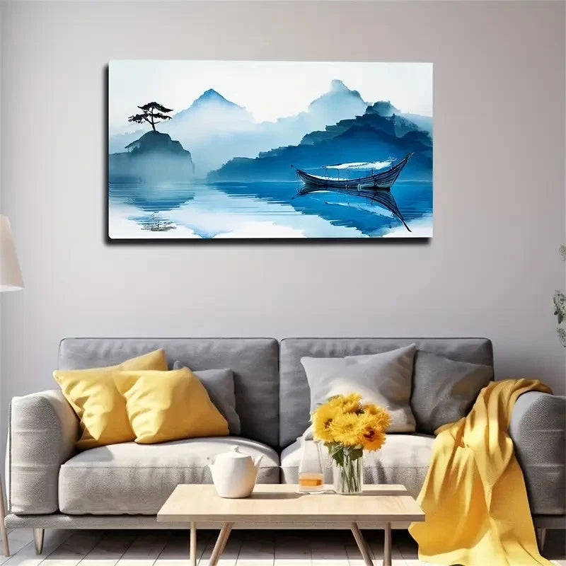 Mystical Blue Boat Wall Art Canvas Office Home Room Framed 120x60cm