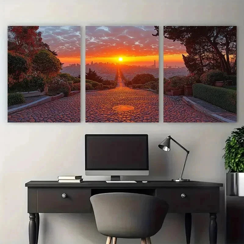 3pcs San Francisco Lombard Street Sun Perfect Wall Art Set Canvas Framed 50x70cm - High Quality Print 100% Australian Made Wall Canvas Ready to Hang