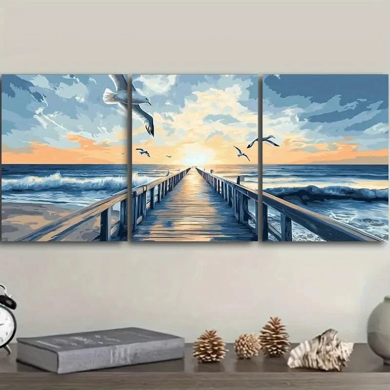 3pcs Seagulls Harbor Sunset Wall Art Set Canvas Framed 50x70cm - High Quality Print 100% Australian Made Wall Canvas Ready to Hang
