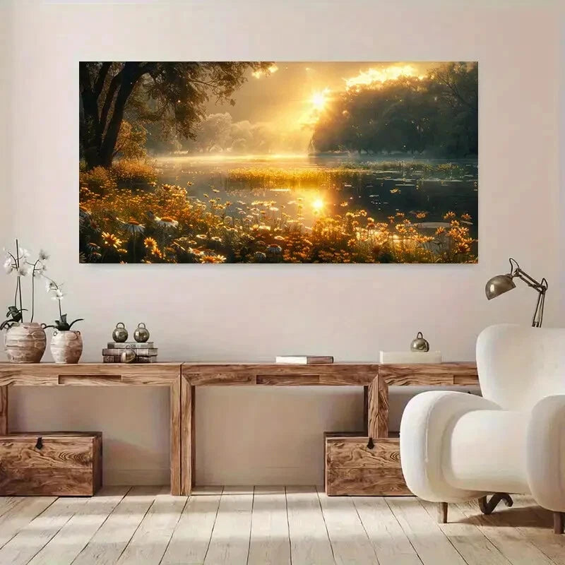 Sunrise Scene Golden Hues wall canvas office home room framed 120x60cm - Bella Home Decor