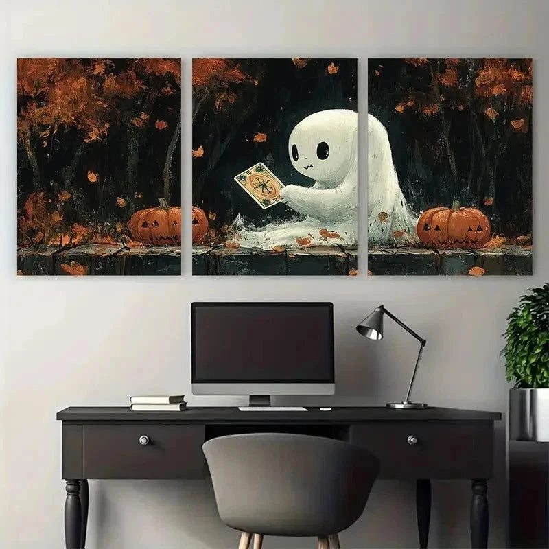 3pcs Cute Reading Tarot Card Ghosts Perfect Wall Art Set Canvas Framed 50x70cm - High Quality Print 100% Australian Made Wall Canvas Ready to Hang - Bella Home Decor