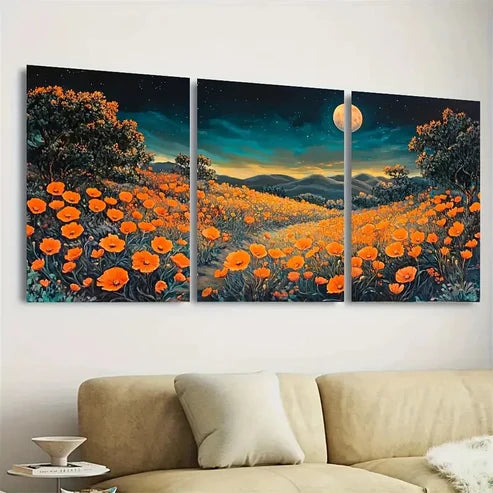 3pcs Fox Moonlit Floral Art, Orange Wall Art Set Canvas Unframed - High Quality Print 100% Australian Made Wall Canvas