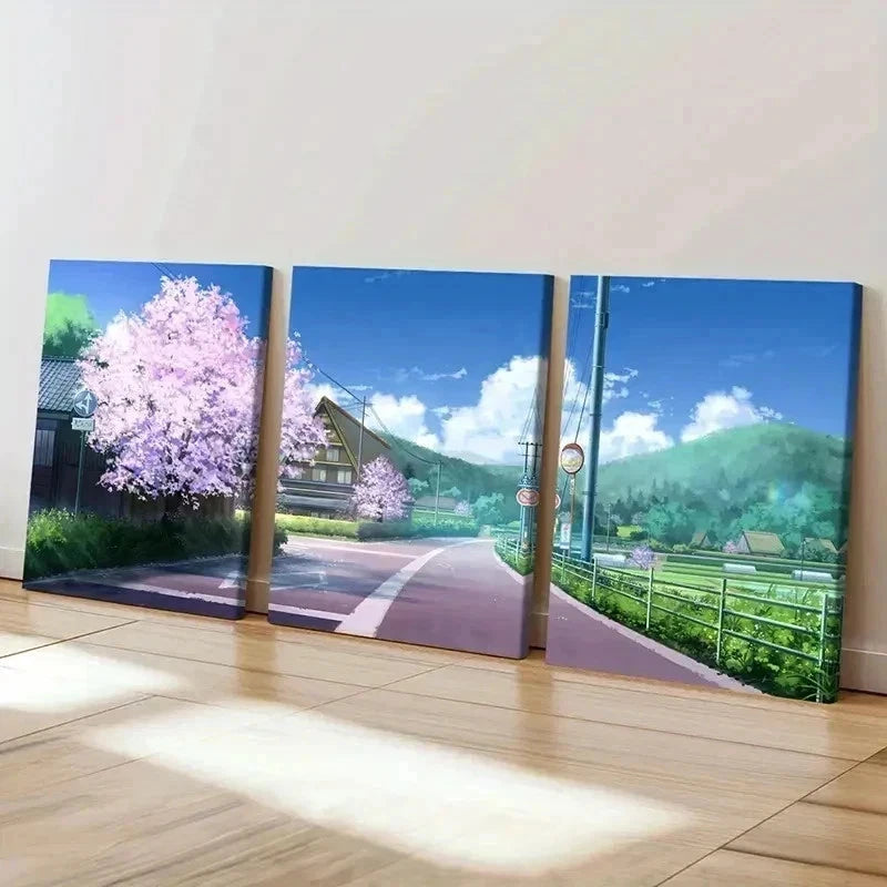 3pcs Japanese Sakura Anime Landscape Wall Art Set Canvas Framed 60x90cm - High Quality Print 100% Australian Made Wall Canvas Ready to Hang