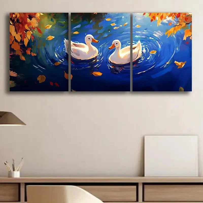 3pcs White Duck Swimming on Blue Water Wall Art Set Canvas Framed 50x70cm - High Quality Print 100% Australian Made Wall Canvas Ready to Hang - Bella Home Decor