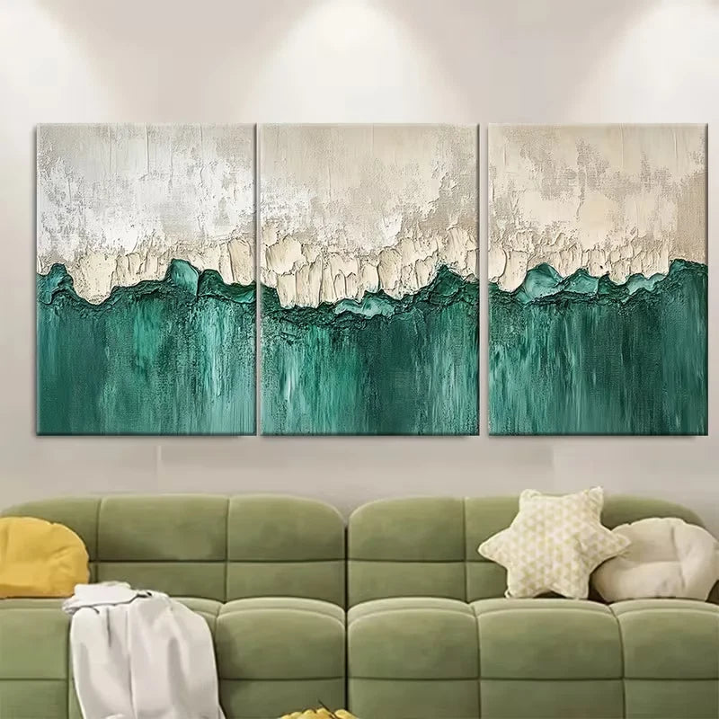 3pcs Abstract Painting Green Neutral Impasto Metal Print Ready to Hang Art