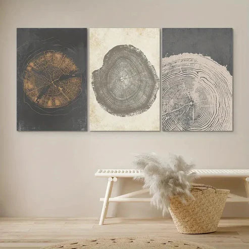 3pcs Pastel Grunge Wood Tree Rings Abstract Wall Art Set Canvas Unframed - High Quality Print 100% Australian Made Wall Canvas