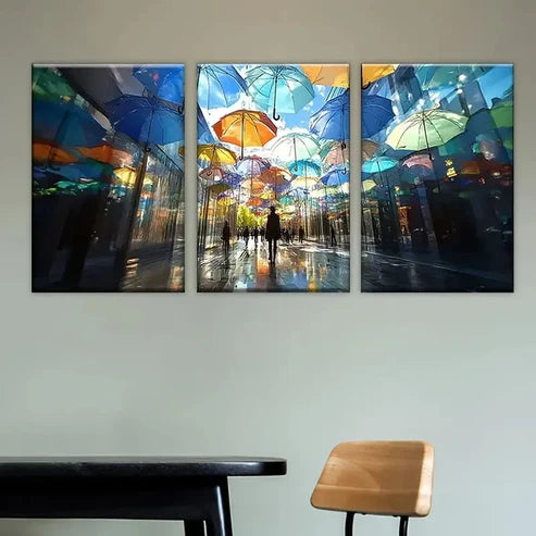 3pcs City Street with Colorful Umbrellas Wall Art Set Canvas Unframed - High Quality Print 100% Australian Made Wall Canvas