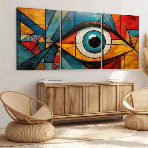 3pcs Modern Art Eye Blue & Black Golden Red Pink Wall Art Set Canvas Unframed - High Quality Print 100% Australian Made Wall Canvas