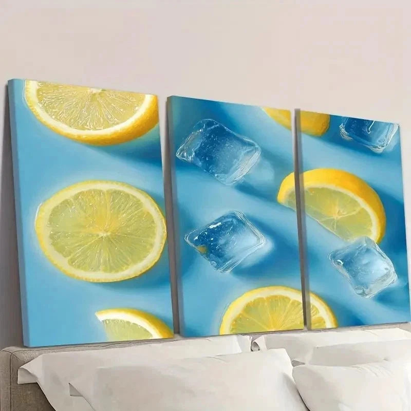 3pcs Lemons with Ice Cubes Wall Art Set Canvas Framed 40x60cm - High Quality Print 100% Australian Made Wall Canvas Ready to Hang