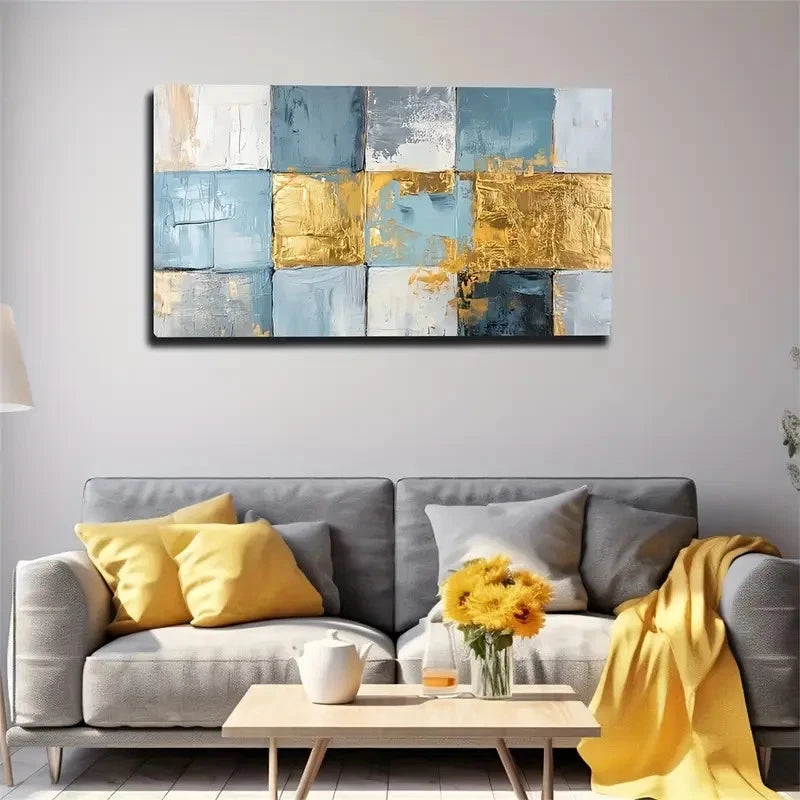Deco Blue & Golden Square Wall Art Canvas Office Home Room Framed 120x60cm