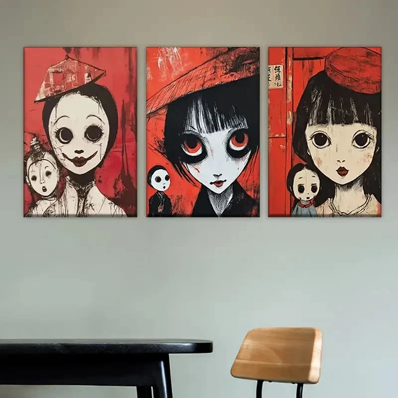 3pcs three paintings of women with red eyes Wall Art Set Canvas Framed 60x90cm - High Quality Print 100% Australian Made Wall Canvas Ready to Hang - Bella Home Decor