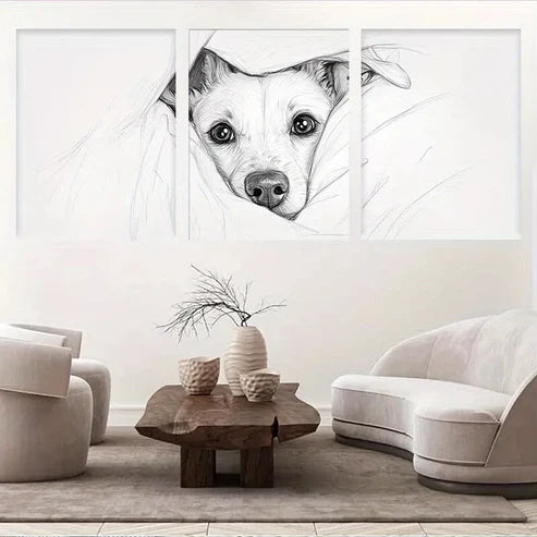 3pcs Cozy puppy Black and White Sketch Wall Art Set Canvas Unframed - High Quality Print 100% Australian Made Wall Canvas - Bella Home Decor