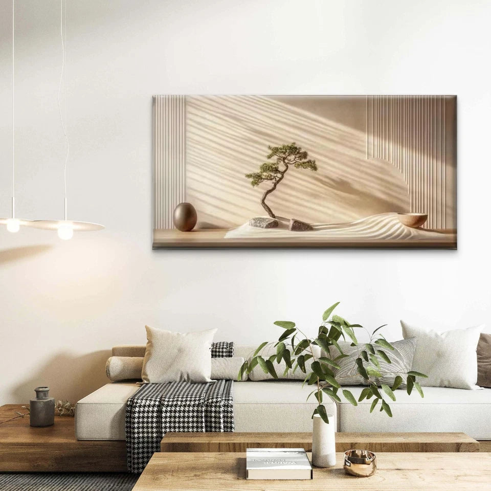 Bonsai in a Zen Sand Garden Wall Art Canvas Office Home Room Framed 120x60cm