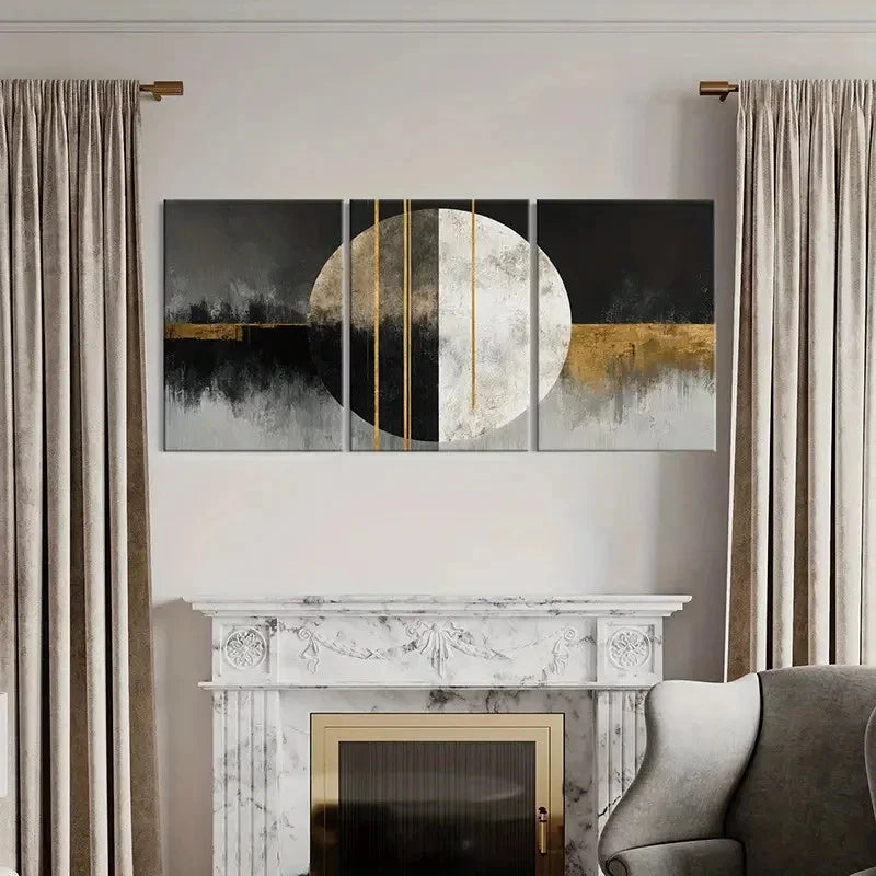 3pcs Modern Abstract Circle Golden & Black Wall Art Set Canvas Framed 60x90cm - High Quality Print 100% Australian Made Wall Canvas Ready to Hang
