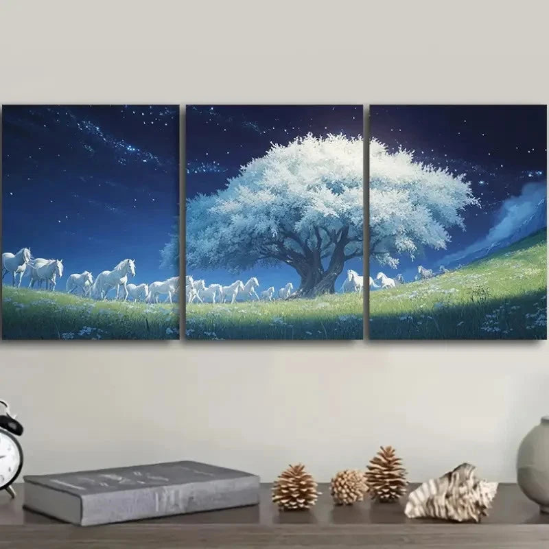 3pcs Night Sky with Tree & Herd of Horses Wall Art Set Canvas Framed 40x60cm - High Quality Print 100% Australian Made Wall Canvas Ready to Hang
