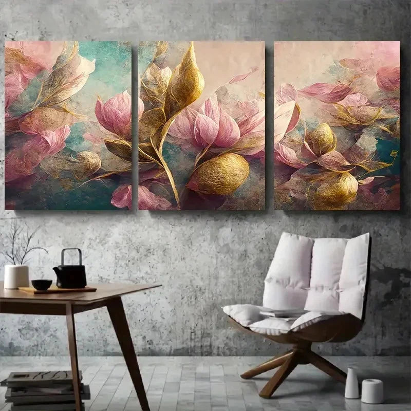 3pcs Elegant Pink & Golden Magnolia Floral Wall Art Set Canvas Framed 40x60cm - High Quality Print 100% Australian Made Wall Canvas Ready to Hang