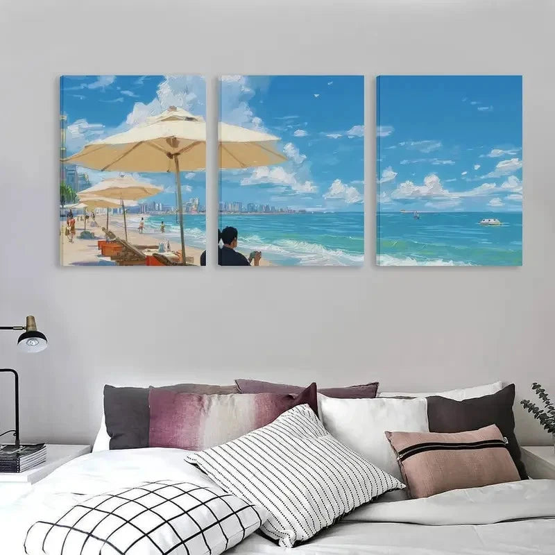 3pcs Surfers Paradise Australia Man Sitting Wall Art Set Canvas Framed 50x70cm - High Quality Print 100% Australian Made Wall Canvas Ready to Hang