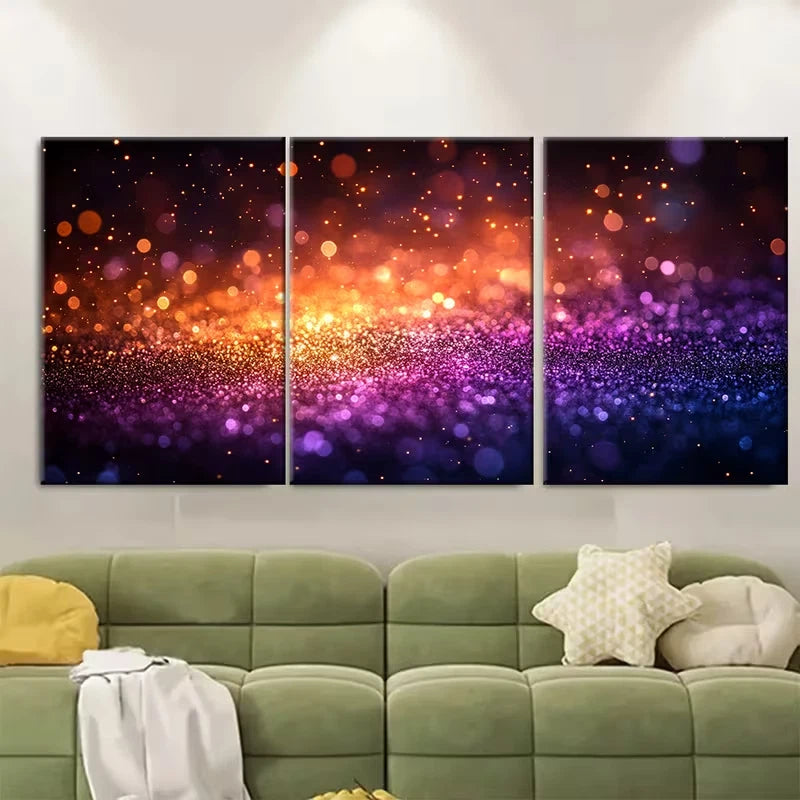 3pcs Golden Purple Star Bokeh Abstract Metal Print Ready to Hang Art