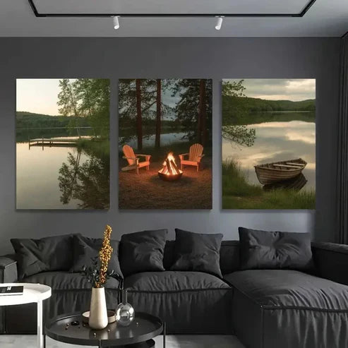 3pcs Serene Lake, Campfire & Pine Trees Wall Art Canvas Unframed - High Quality Print 100% Australian Made Wall Canvas