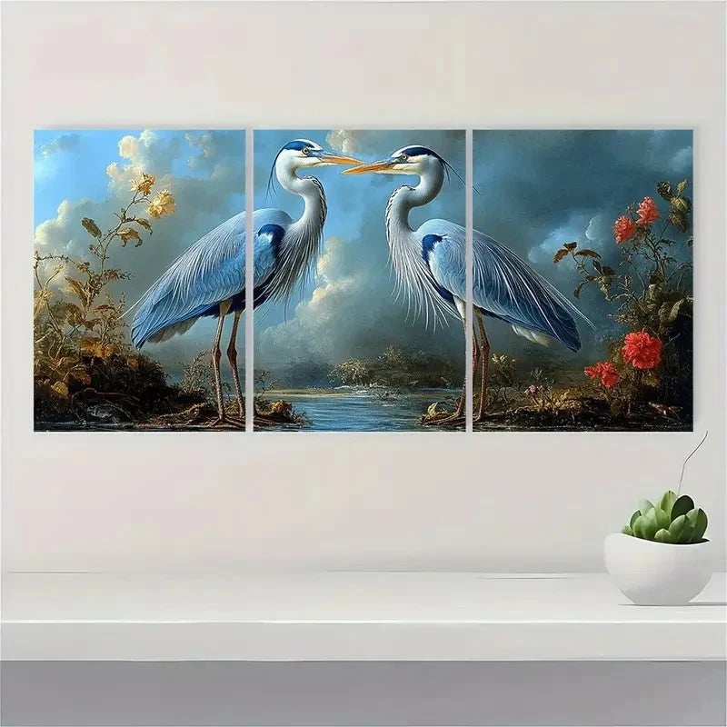 3pcs Great Blue Herons Art Y Wall Art Set Canvas Framed 60x90cm - High Quality Print 100% Australian Made Wall Canvas Ready to Hang