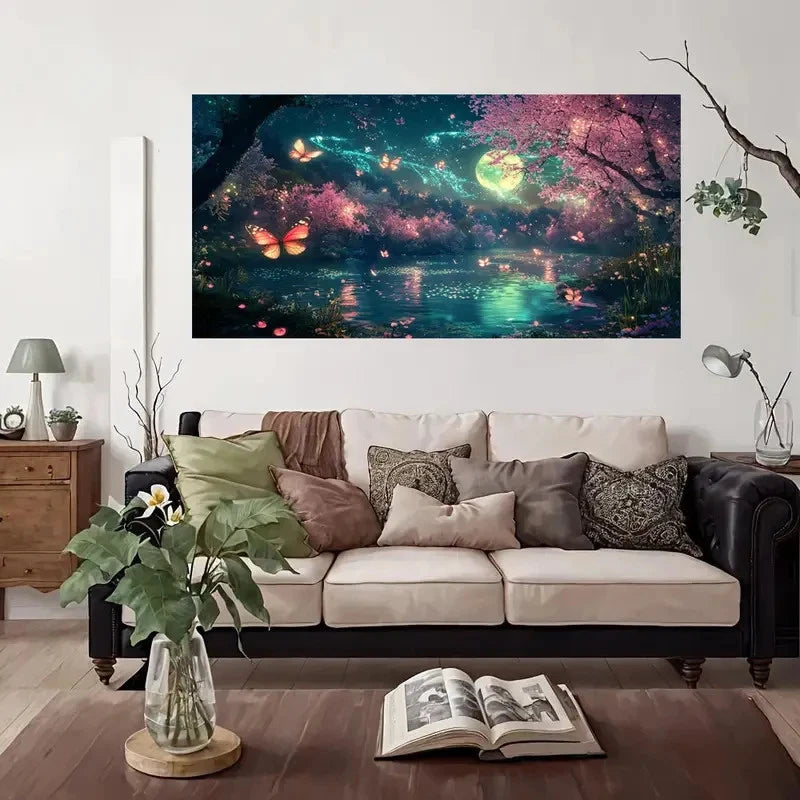 Garden Moonlit Night Wall Art Canvas Office Home Room Framed 120x60cm