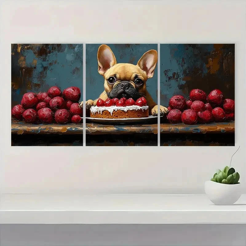 3pcs French Bulldog & Cake Giclee ol Wall Art Set Canvas Framed 60x90cm - High Quality Print 100% Australian Made Wall Canvas Ready to Hang - Bella Home Decor