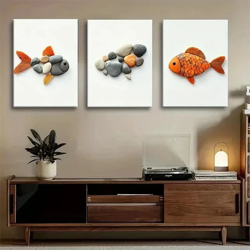 3pcs Pebble Art Fish Unique Stone Perfect Wall Art Canvas Unframed – High Quality Print 100% Australian Made Wall Canvas