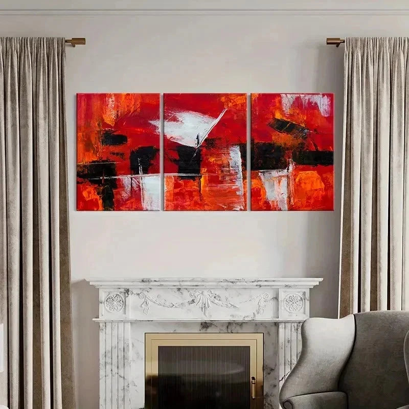 3pcs Red And Black Blocks Abstract Wall Art Set Canvas Framed 60x90cm - High Quality Print 100% Australian Made Wall Canvas Ready to Hang