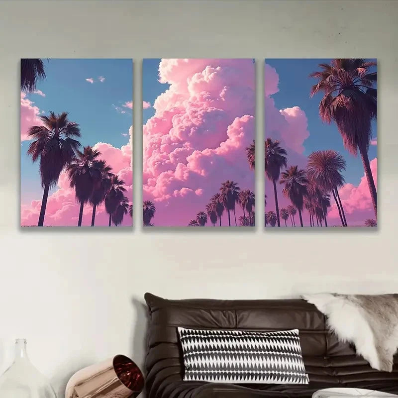 3pcs Palm Trees Pink Clouds Wall Art Set Canvas Framed 50x70cm - High Quality Print 100% Australian Made Wall Canvas Ready to Hang