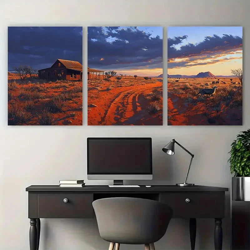 3pcs Australian Outback at Blue Hour, Red Sand Wall Art Set Canvas Framed 60x90cm - High Quality Print 100% Australian Made Wall Canvas Ready to Hang - Bella Home Decor