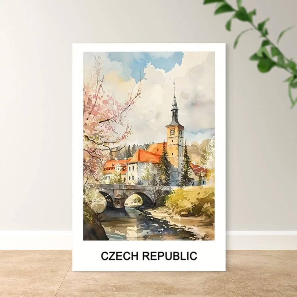 Czech Republic Castle & Charles Bridge Travel Poster Print Wall Art