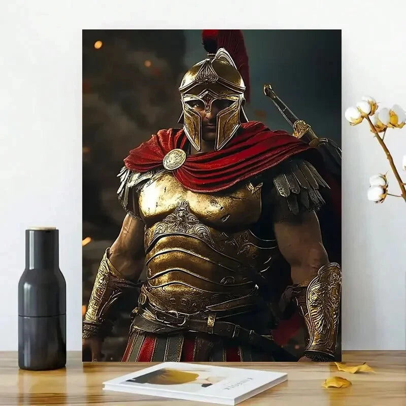 Greek Spartan Warrior In Golden Armor with a Red Cloak 40x60cm Metal Print Ready to Hang