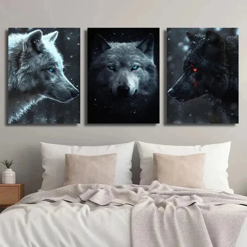 3pcs White And Black Glowing Eyes Wolves Wall Art Set Canvas Unframed - High Quality Print 100% Australian Made Wall Canvas