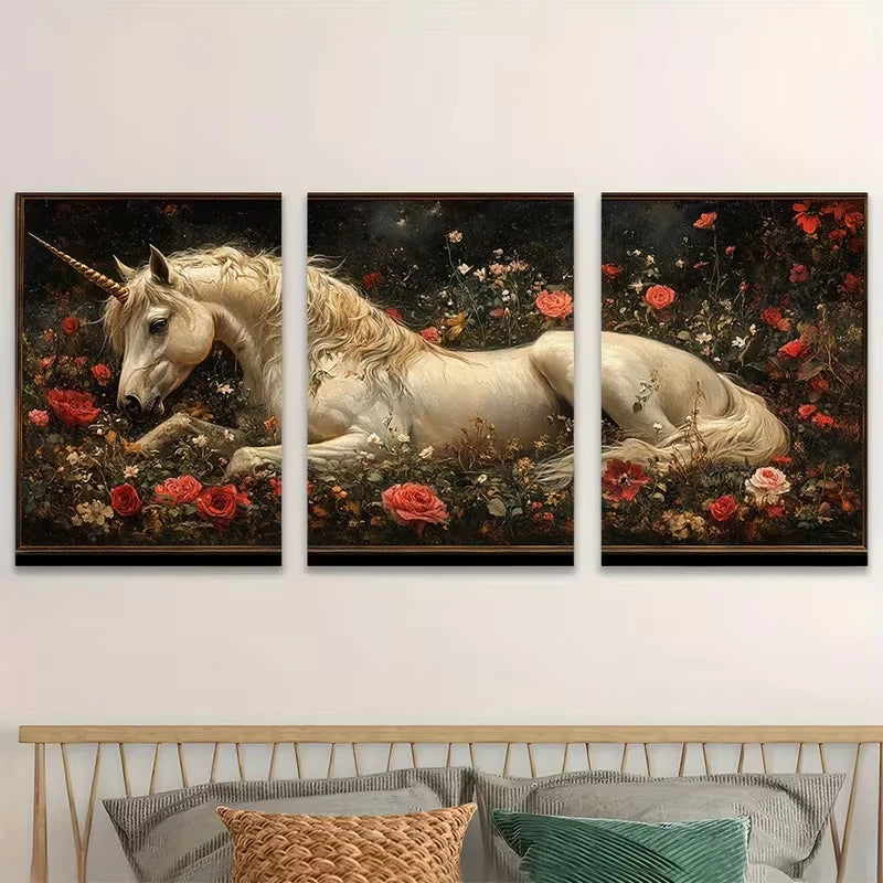 3pcs Unicorn Inspired Botanical Metal Print Ready to Hang Art