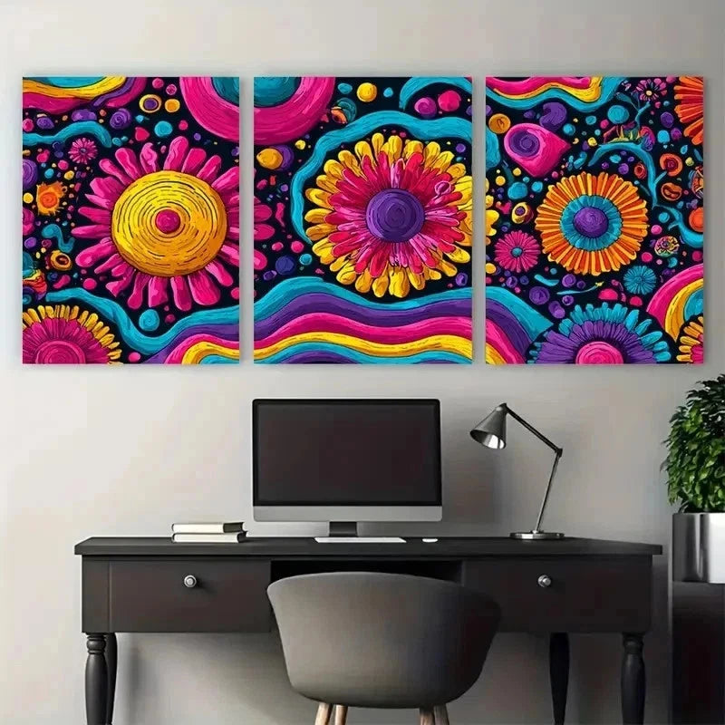 3pcs Vibrant Retro Colorful Floral Perfect Wall Art Set Canvas Framed 50x70cm - High Quality Print 100% Australian Made Wall Canvas Ready to Hang