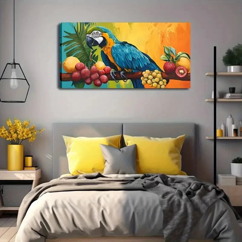 Parrot & Fruit Branch Décor Wall Art Canvas Office Home Room Framed 120x60cm