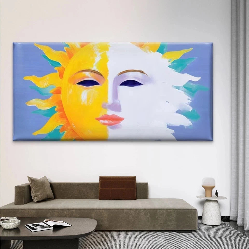 Sun/Moon Face Painting Wall Art Canvas Office Home Room Framed 120x60cm