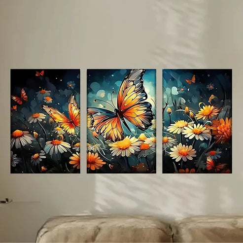 3pcs Vibrant Butterfly & Flower Wall Art Set Canvas Unframed - High Quality Print 100% Australian Made Wall Canvas - Bella Home Decor
