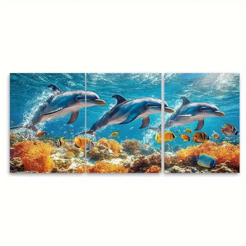 3pcs Dolphins Swimming with Tropical Fish B Wall Art Set Canvas Framed 40x60cm - High Quality Print 100% Australian Made Wall Canvas Ready to Hang - Bella Home Decor